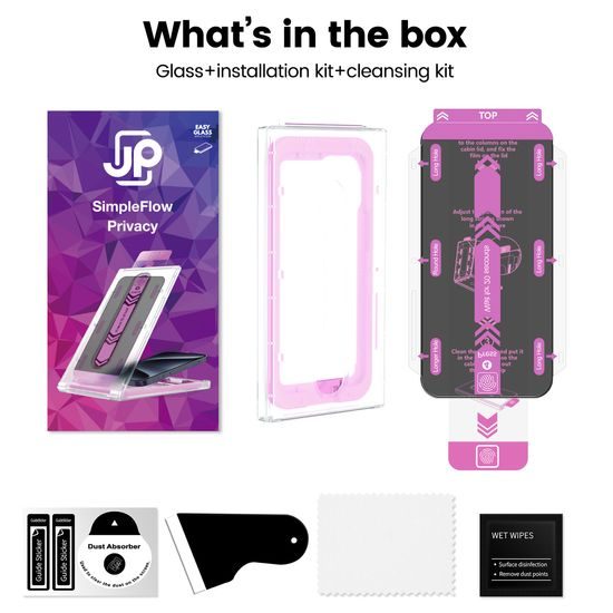 JP SimpleFlow Privacy Szkło hartowane z łatwą aplikacją, iPhone 16 Pro / 17 / 17 Pro