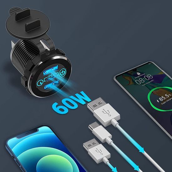 Alogy motociklski polnilnik, 2x USB-A QC 3.0 + USB-C PD 60W