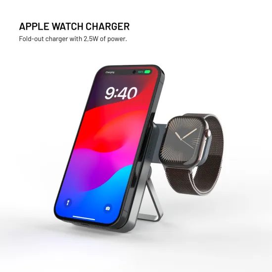 FIXED MagZen 5 Stand powerbank MagSafe támogatással, Apple Watch töltéssel és állvánnyal, 5 000 mAh, szürke