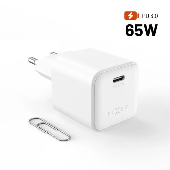 FIXED Mini GaN hálózati töltő, USB-C, PD 65W, fehér