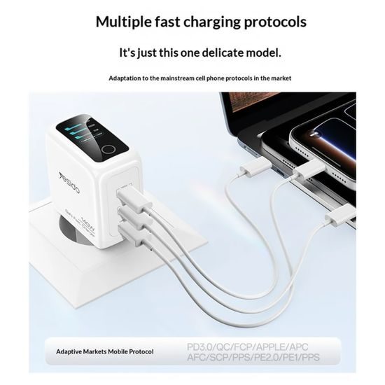 Yesido Ladegerät (YC114) mit TFT-Display - USB + 2x USB-C - GaN - 140W - Weiß