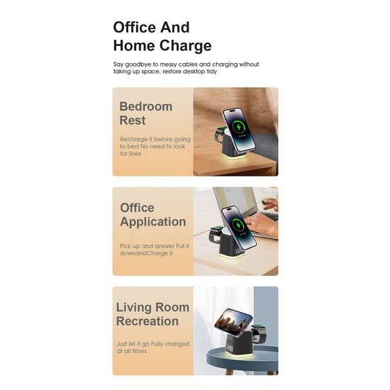 MagDock 6 Pro 6σε1 ασύρματος σταθμός φόρτισης με ρολόι και φωτισμό νυκτός για iOS και Android, μαύρο