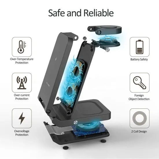 Caricabatterie wireless pieghevole 3in1, Qi, PD, QC3.0, 15W, nero