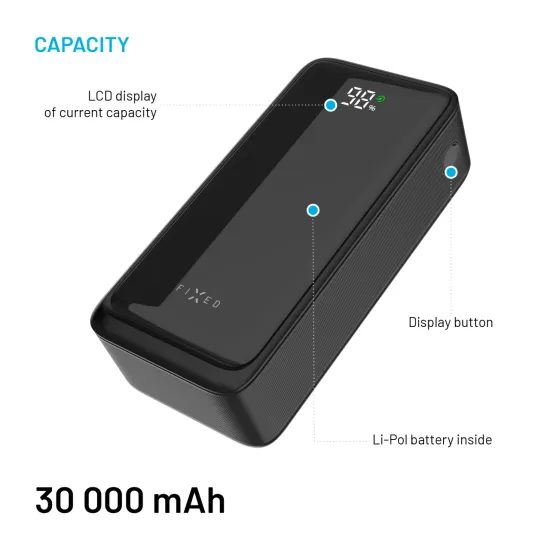 FIXED Zen2 30 powerbank LCD kijelzővel, 30 000 mAh, PD 20W, fekete