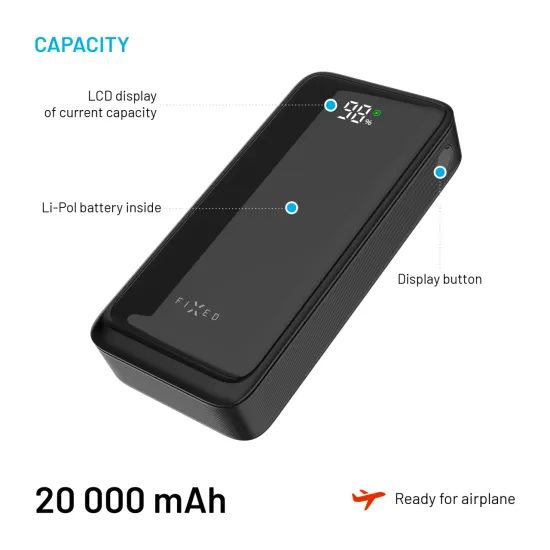 FIXED Zen2 20 powerbank LCD kijelzővel, 20 000 mAh, PD 20W, fekete