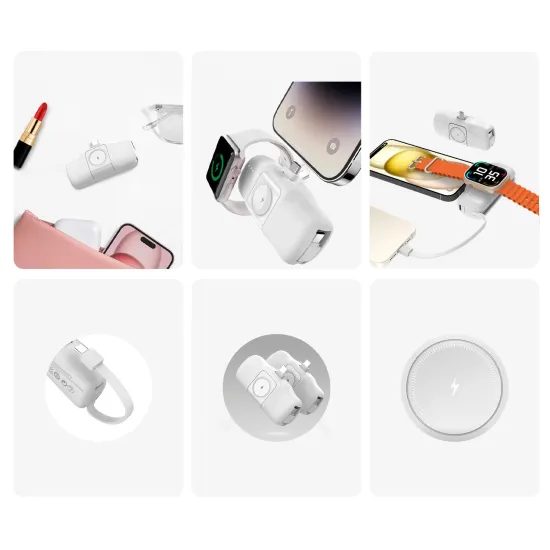 Wozinsky WF16-YCS 15W Mini Powerbank 5000mAh - met Geïntegreerde USB-C Kabel + Apple Watch Oplader - Wit