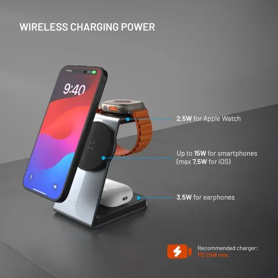 3 az 1-ben vezeték nélküli töltőállvány FIXED MagPowerstation Alu MagSafe támogatással, 15W+3.5W+2.5W, űrszürke
