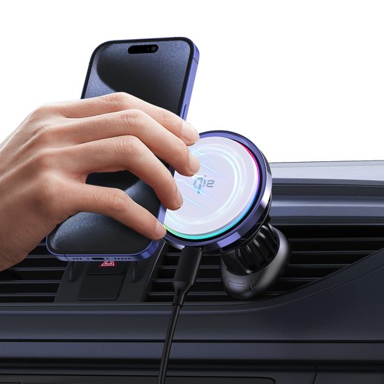 Ψύκτρα MagSafe Qi2 ασύρματης φόρτισης για αεραγωγούς αυτοκινήτου, με προαιρετικό RGB φωτισμό, 15W, κυκλική, λευκή
