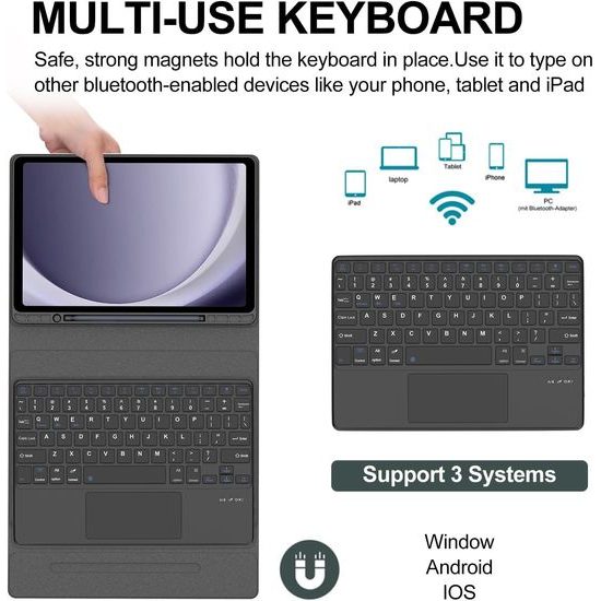 JP Μαγνητική θήκη με Bluetooth πληκτρολόγιο, touchpad, φωτισμό και βάση για stylus, Samsung Galaxy Tab A8, μαύρη
