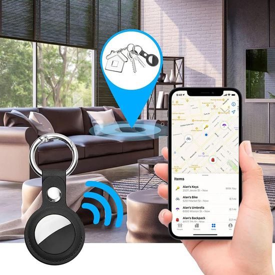 Techsuit ασφαλής δερμάτινη θήκη SLH1, για Apple AirTag, με μεταλλικό δακτύλιο, μαύρη