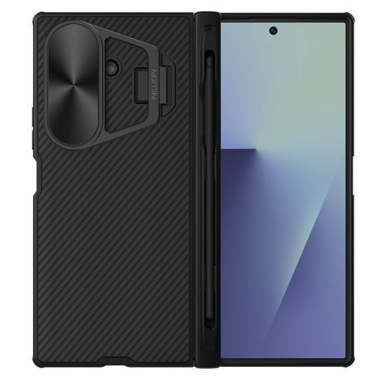 Samsung Galaxy Z Fold 7 aizsargvāciņš – Nillkin CamShield Prop ar metāla kameras aizsargu un S Pen atbalstu – melns