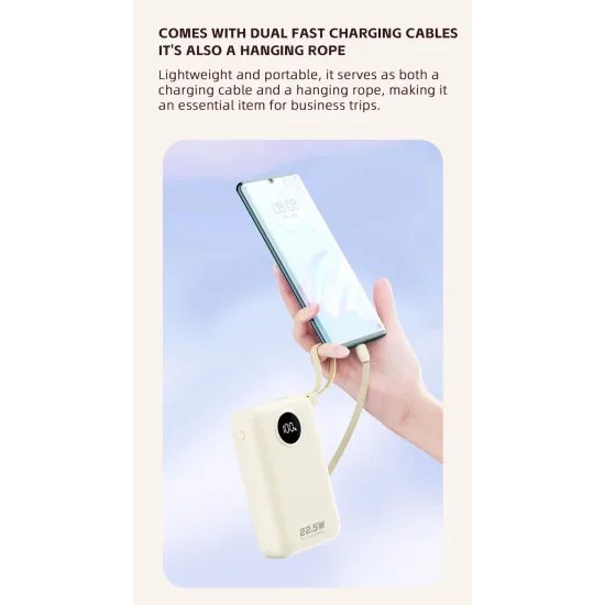 Dudao K14+ powerbanka ar iebūvētiem kabeļiem 20000mAh 22.5W – balta