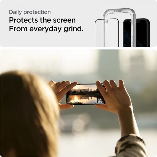 Spigen ALM Glass FC Zaščitno kaljeno steklo, iPhone 13 / 13 Pro / 14 / 16e, črno