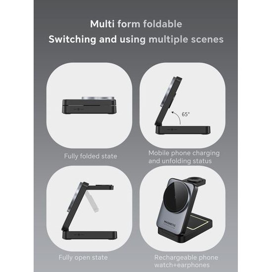 3in1 Magnetisches Kabelloses Ladegerät Faltbar mit LED Nachtlicht - Effiziente Wireless Ladestation für Smartphone, Earbuds und Smartwatch - Grau