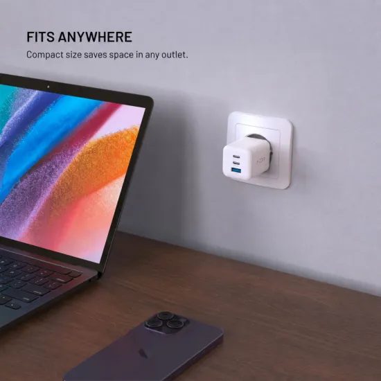 FIXED Mini GaN hálózati töltő, 2x USB-C + USB, PD 100W, fehér