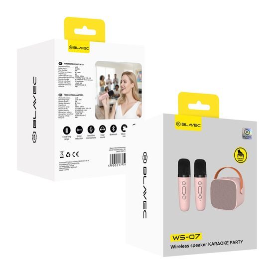 Blavec WS-07 Přenosný karaoke set se 2 mikrofony, 5 W, růžový