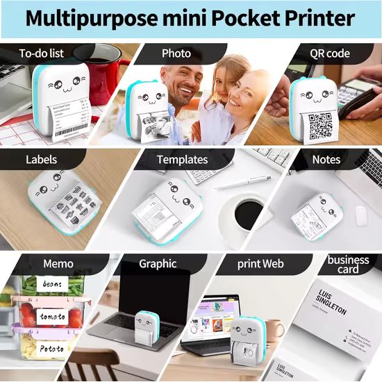 Prijenosni mini pisač s 5 rolama papira, plavi