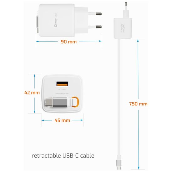 Swissten SlideCharge adapter s izvlačivim USB-C kabelom GaN 45W, 1x USB-A 18W, bijeli