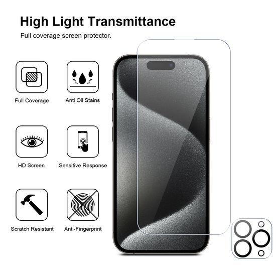 JP Mega Pack Kaljena stekla, 3 stekla za telefon z aplikatorjem + 2 stekli z lečami, iPhone 15 Pro