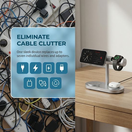 Qi2.2 MagSafe Nabíjecí stanice 5v1 s aktivním chlazením, 25 W a 360° rotací pro iPhone, Apple Watch, AirPods, Android, stříbrná