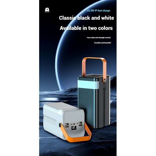 Powerbank 120.000 mAh, 22.5W PD, 4 USB + 2 καλώδια, LED φώτα, μαύρο