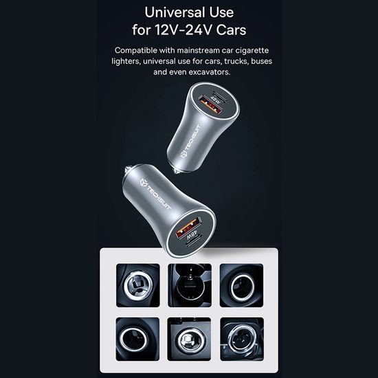 Φορτιστής αυτοκινήτου Techsuit (C3), USB + USB-C, γκρι