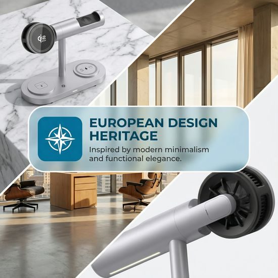 Qi2.2 MagSafe Nabíjecí stanice 5v1 s aktivním chlazením, 25 W a 360° rotací pro iPhone, Apple Watch, AirPods, Android, stříbrná