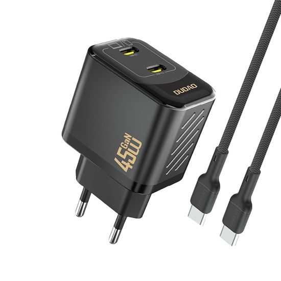 Dudao A28PCEU polnilnik 2x USB-C + kabel USB-C - USB-C, PD 45W GaN, črna
