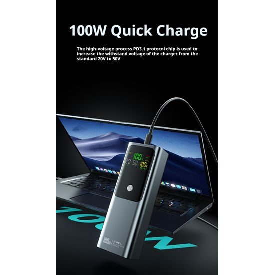 Συμπαγής power bank για γρήγορη φόρτιση laptop, 100W, 20.000 mAh, μαύρο