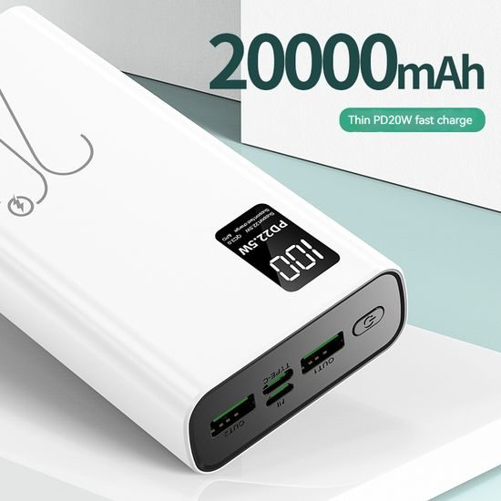 Powerbank 20000mAh mit PD 22,5W Schnellladung und QC3.0 - Schwarz