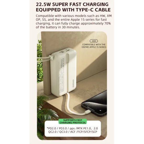 Dudao K14+ powerbanka ar iebūvētiem kabeļiem 20000mAh 22.5W – balta