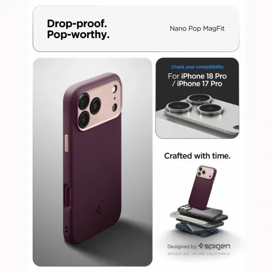 iPhone 17 Pro / 18 Pro dėklas – Spigen Nano Pop MagSafe – vyno raudona
