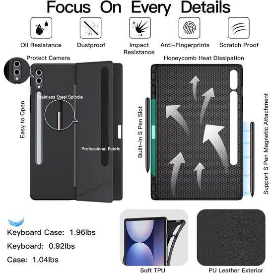 JP Μαγνητική θήκη με αποσπώμενο πληκτρολόγιο Bluetooth, touchpad, φωτισμό, περιστρεφόμενη βάση και θήκη για stylus, Samsung Galaxy Tab S8 Ultra / S9 Ultra / S10 Ultra, μαύρη