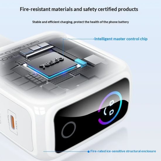 Yesido Ladegerät (YC114) mit TFT-Display - USB + 2x USB-C - GaN - 140W - Weiß