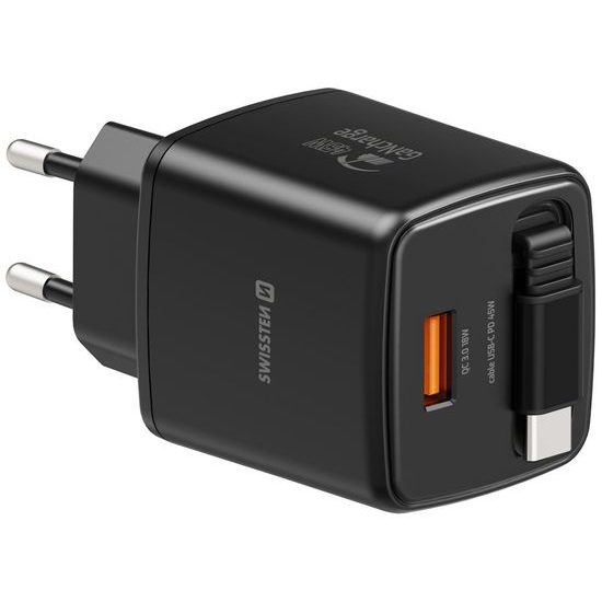 Swissten SlideCharge adapter s izvlačivim USB-C kabelom GaN 45W, 1x USB-A 18W, crni
