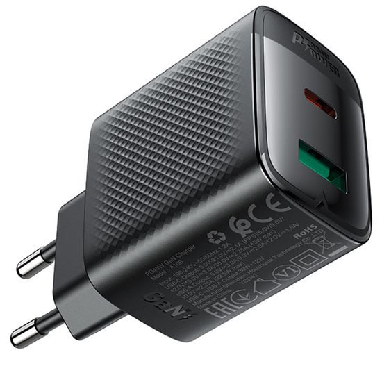 Acefast A106 GaN töltő, 45W, 3 A, USB-C + USB, fekete