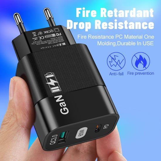 Techsuit φορτιστής GaN 65W, USB + USB-C, μαύρο