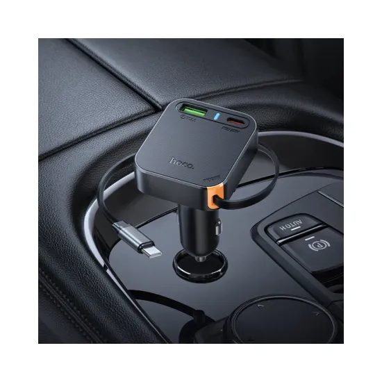 Hoco φορτιστής αυτοκινήτου με συρόμενο καλώδιο 2x USB-C + USB-A, QC, PD, 65W, μαύρο