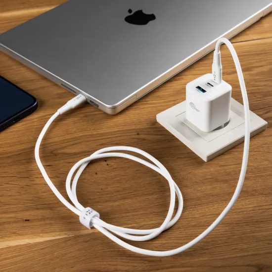 FIXED Mini GaN hálózati töltő, 2x USB-C + USB, PD 65W, fehér
