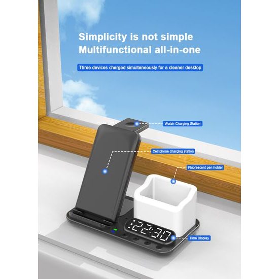 DeskCharge Station Pro Πολυλειτουργικός σταθμός ασύρματης φόρτισης 5 σε 1 με ρολόι και οργανωτή, λευκό