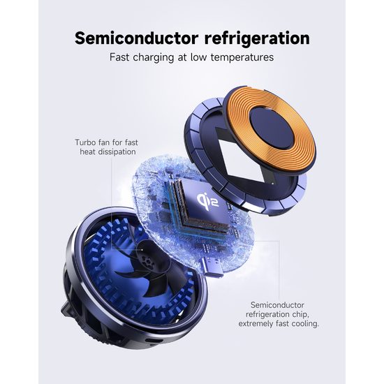 Kühlender MagSafe Qi2 Halter mit kabellosem Laden für Autolüftung, mit RGB wählbarer Beleuchtung, 15W, rund, schwarz