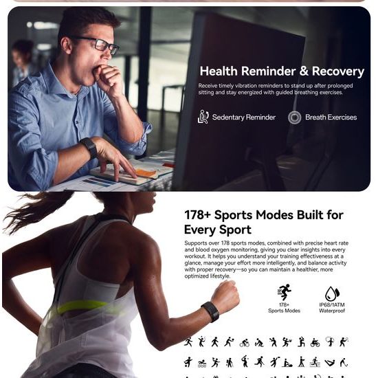 Weofly Airfit Smart Fitness Tracker ohne Display - Aktivitätstracker mit Herzfrequenzmessung und Schlafüberwachung - Schwarz