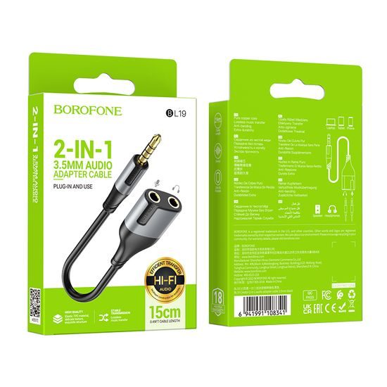 Borofone BL19 Creator kabel 2v1, 3,5mm samec na 2x jack 3,5mm samice, 15 cm, černý