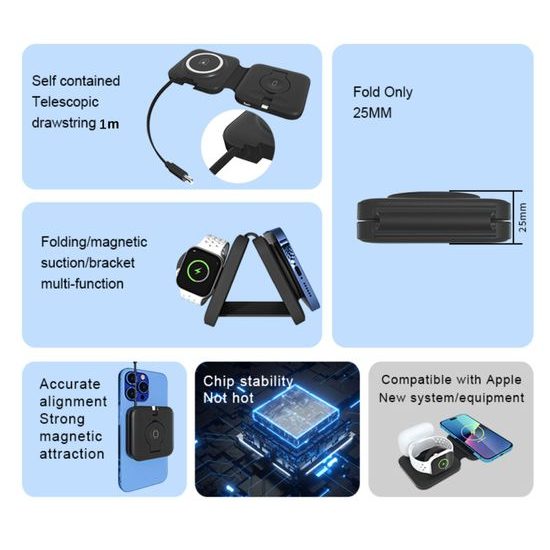 3az1-ben Vezeték nélküli összecsukható töltő, 15W, fekete