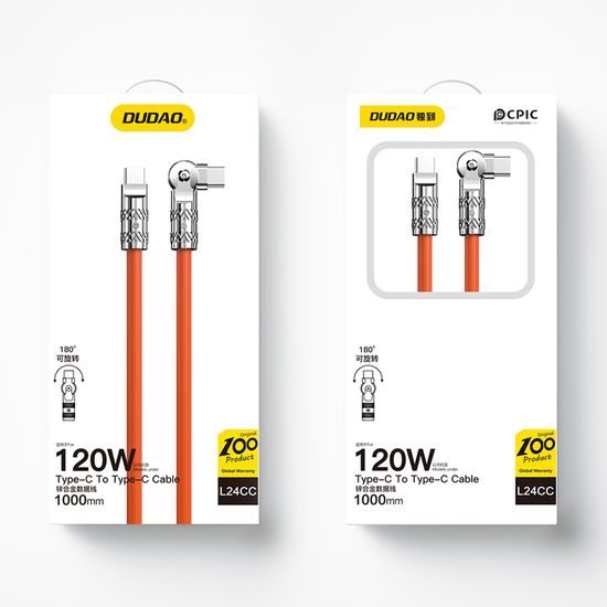 Dudao Angled kabel otočný o 180°, USB-C - USB-C, 120 W, 1 m, oranžový