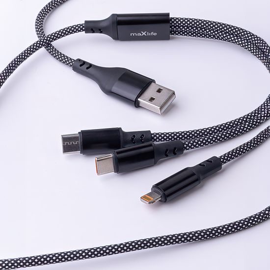 Maxlife kábel ALLin1 USB + USB-C - Lightning + 2x USB-C 1,0 m 66 W, čierny