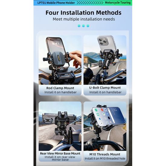 LanParte LPT01-E Suport telefon pentru motocicletă cu încărcare wireless și amortizare vibrații