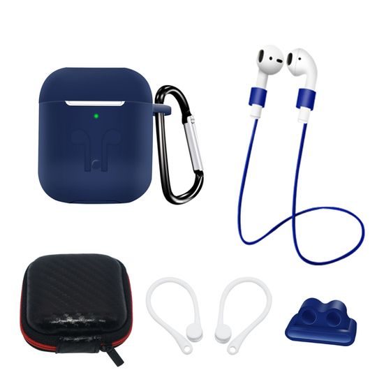 Szilikon tok készlet AirPods 1/2 készülékhez tokkal, fülkampóval, nyakpánttal, óraszíj tartóval és karabinerrel, kék