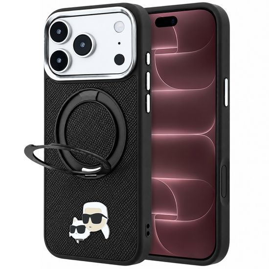 Karl Lagerfeld Leather Ring Stand 360 KC Pin MagSafe ümbris iPhone 17 Pro Max / 18 Pro Max – must