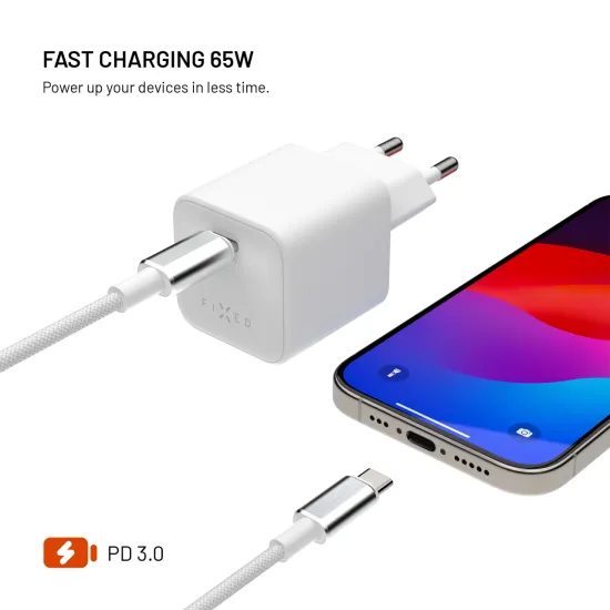 FIXED Mini GaN hálózati töltő, USB-C, PD 65W USB-C - USB-C kábellel, 2 m, fehér